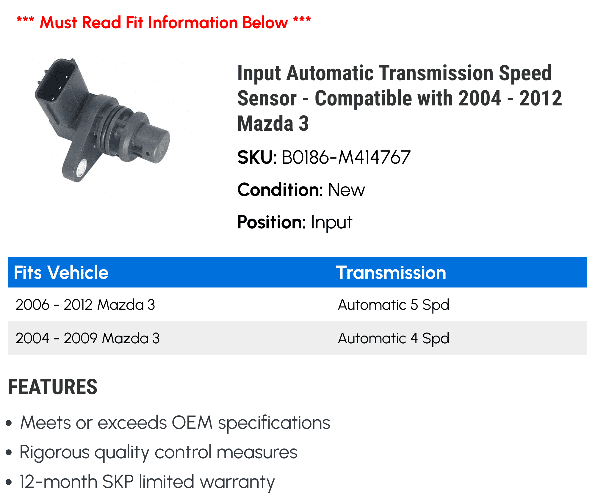 Input Automatic Transmission Speed Sensor - matching with 2004 - 2012 Mazda 3 2005 2006 2007 2008 2009 2010 2011