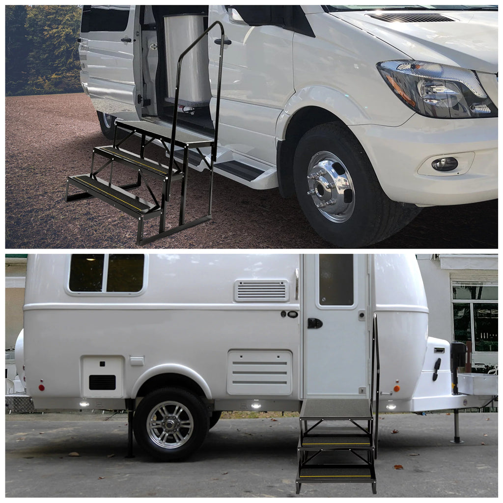 HECASA Universal 3 Steps Stairs Steel for RV Travel Trailer Camper Trailer W/ Side Load Hand-railing Armrest Hand Rail