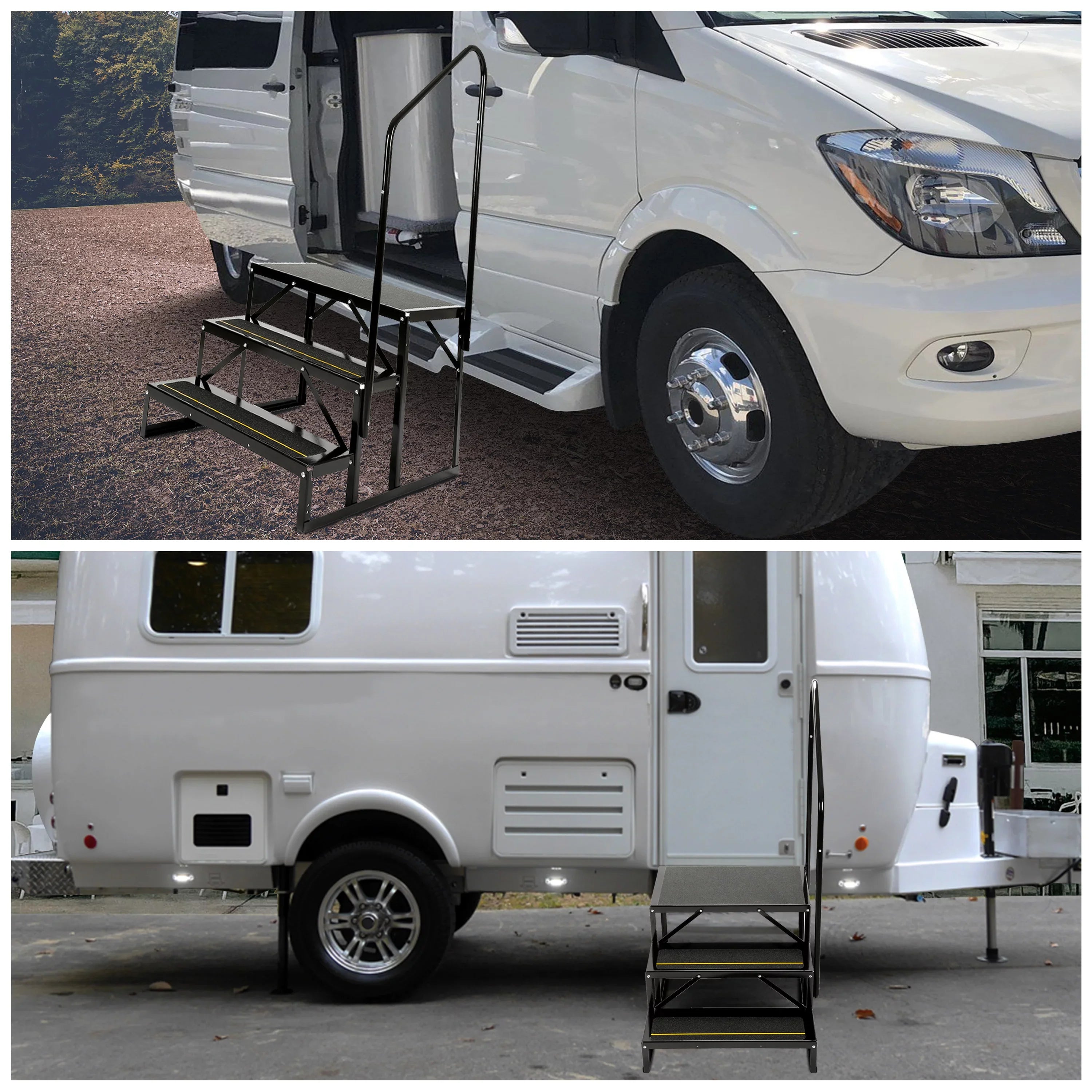 HECASA Universal 3 Steps Stairs Steel for RV Travel Trailer Camper Trailer W/ Side Load Hand-railing Armrest Hand Rail