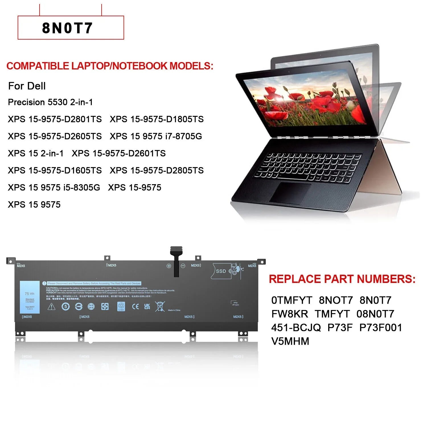 New 0TMFYT 8N0T7 Laptop Battery For  XPS 15 9575 P73F Precision 5530 2-in-1