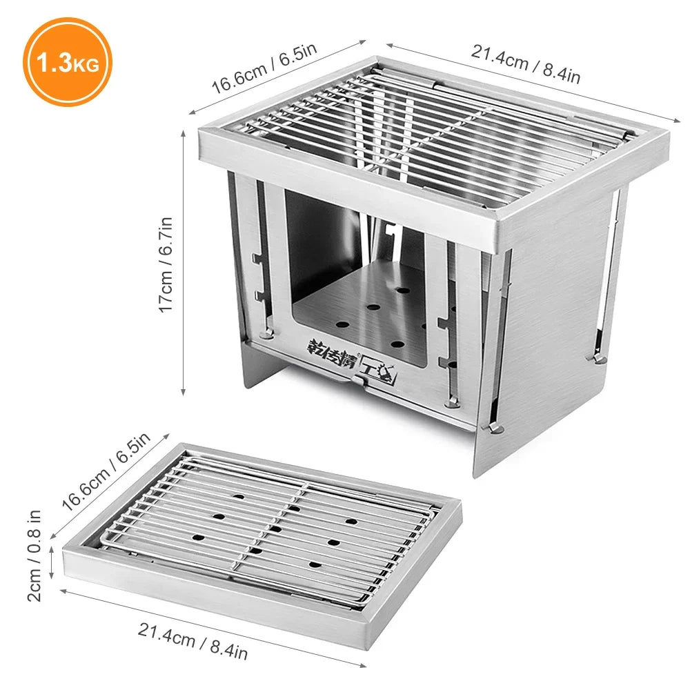 MABOTO Outdoor Stainless Steel Grill Portable Wood Burning Camping Folding BBQ Grill Windproof Camping Picnic Tool For Home Park Use