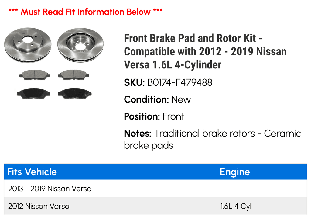Front Brake Pad and Rotor Kit - appropriate with 2012 - 2019 Nissan Versa 1.6L 4-Cylinder 2013 2014 2015 2016 2017 2018