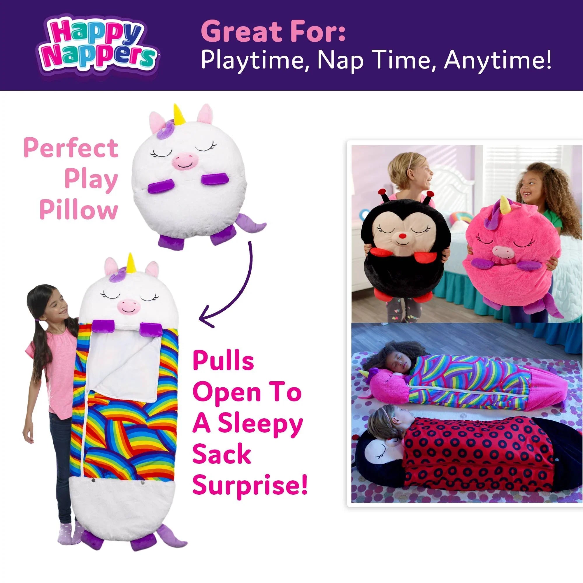 Happy Nappers Pillow Plush Toy and Sleeping Sack in One, Unicorn