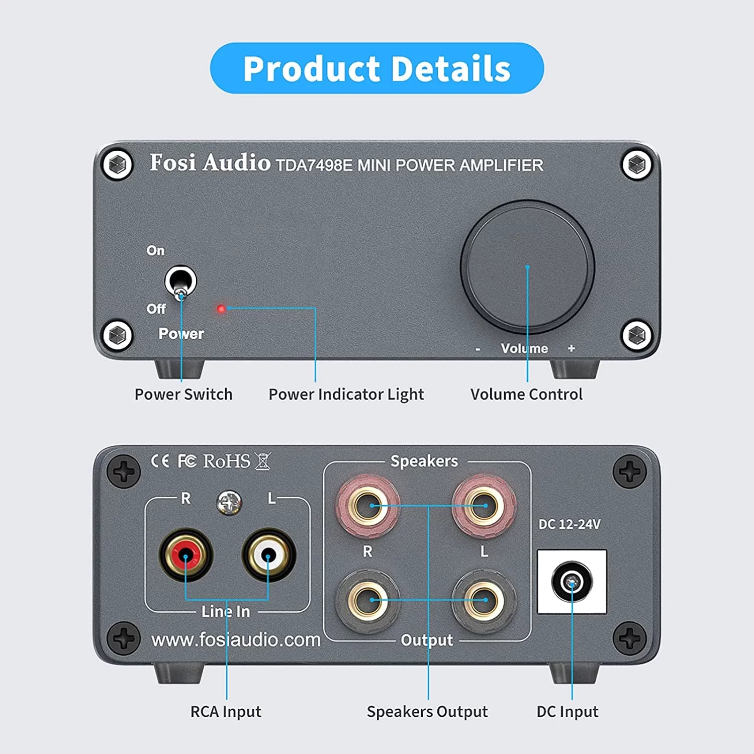 Fosi Audio TDA7498E 2 Channel 160W x2 Stereo Audio Amplifier Mini Hi-Fi Class D Integrated Amp for Passive Speakers with 24V Power Supply