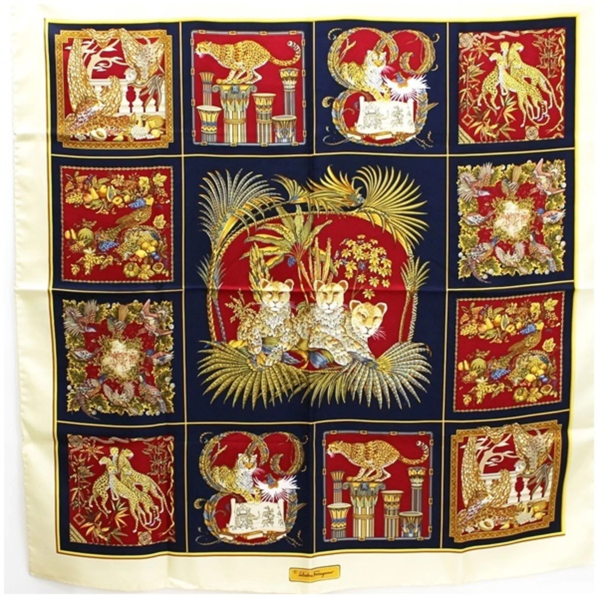 Pre-Owned Salvatore Ferragamo silk scarf muffler ivory × navy animal and plant pattern SALVATORE FERRAGAMO ladies leopard print (Good)