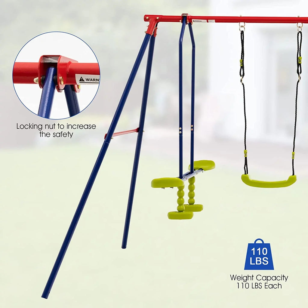 OLAKIDS Swing Sets for Backyard, 7 in 1 Outdoor A-Frame Heavy Duty Metal Swing Stand with Monkey Bar for Kids, 660LBS Playground Playset with Slide, 2 Swings, Glider, Trapeze Rings, Basketball Hoop
