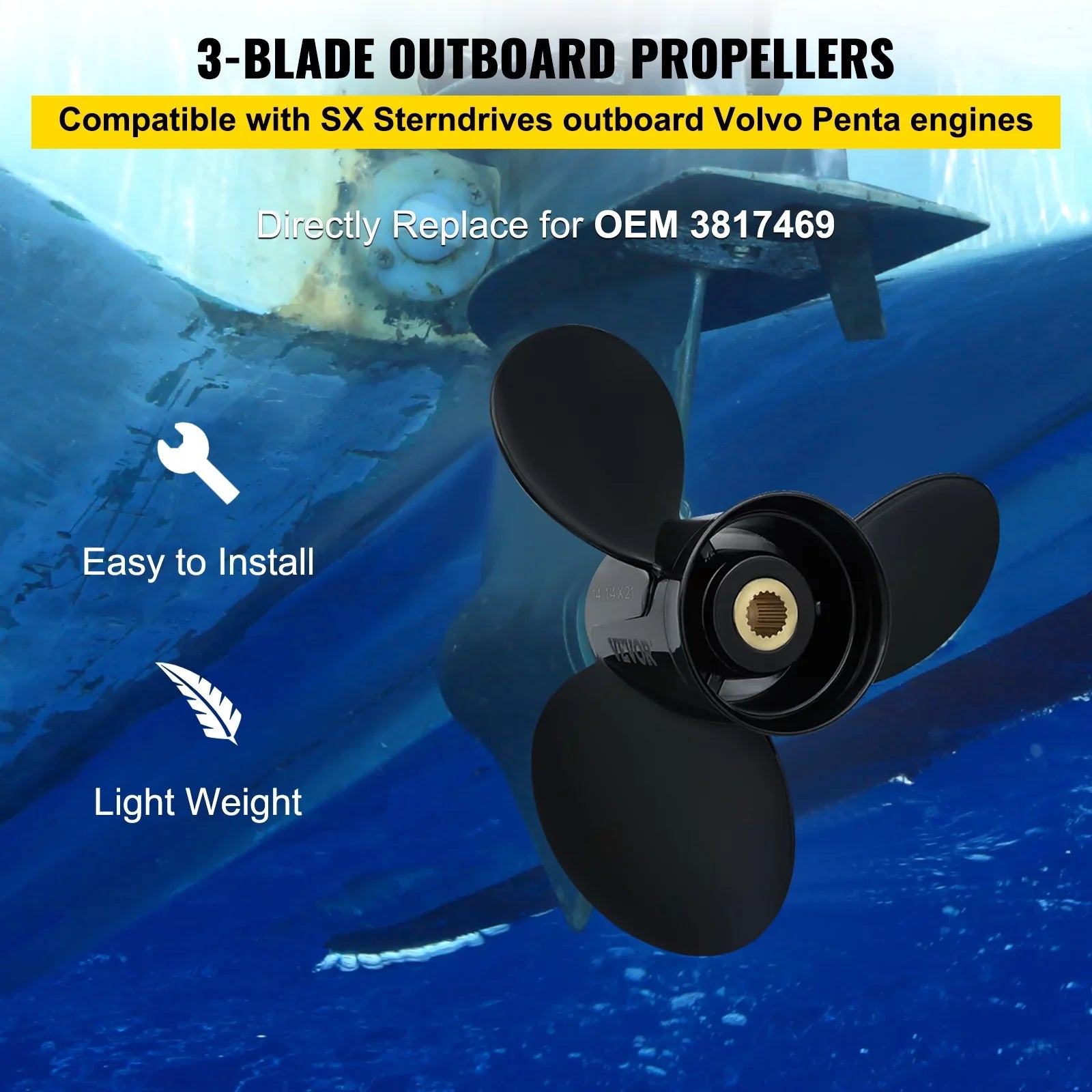 VEVOR Outboard Propeller, 3-Blade 14 1/4 x 21" craft Propeller, Replace for OEM 3817469, appropriate SX Sterndrives Outboard Volvo Penta Engine, Right-handed Aluminium Propeller & 19 Spline Teeth