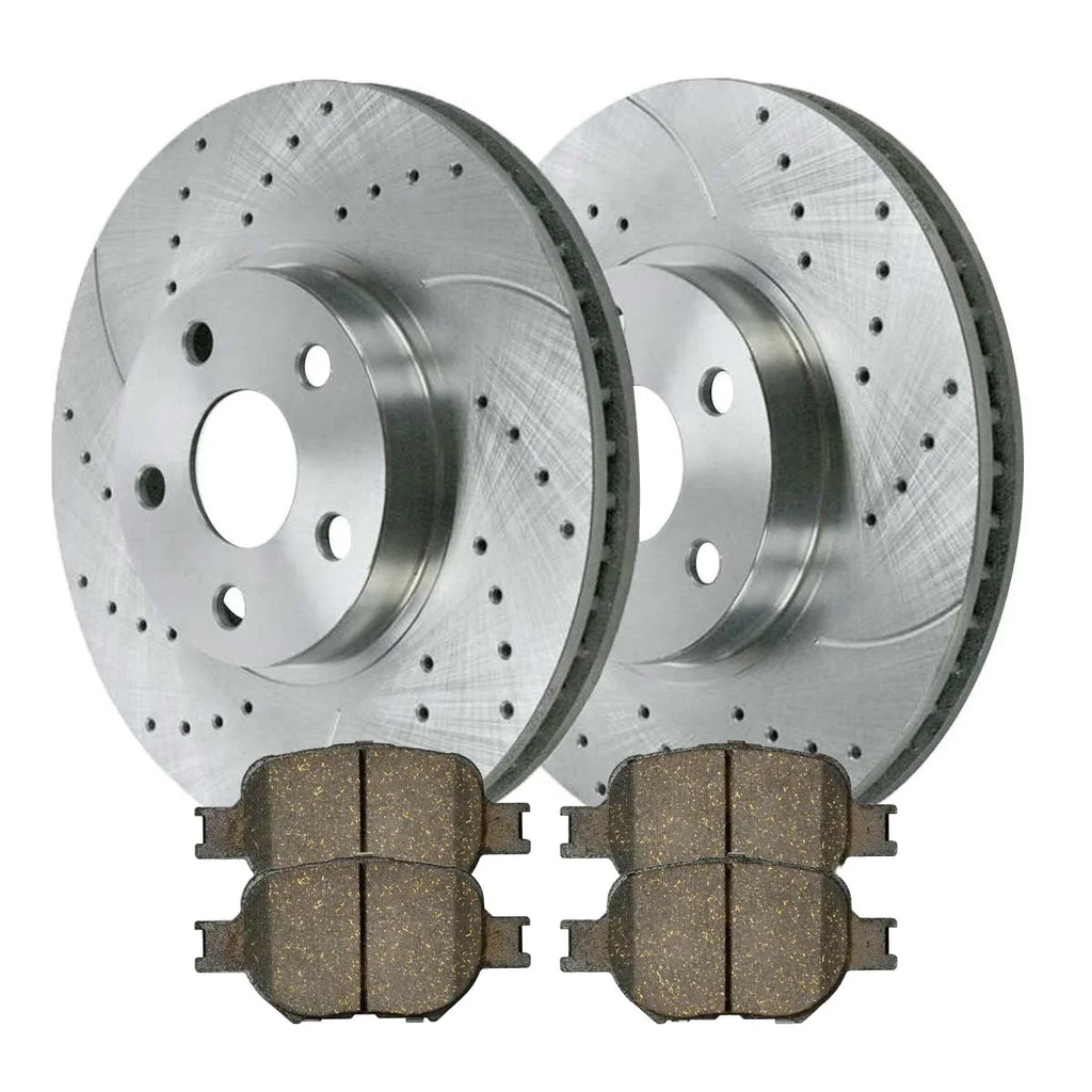 AutoShack Front Drilled Slotted Brake Rotors Silver and Ceramic Pads Kit Driver and Passenger Side Replacement for 2005-2009 2010 Scion tC 2000 2001 2002 2003 2004 2005  Celica 1.8L 2.4L FWD