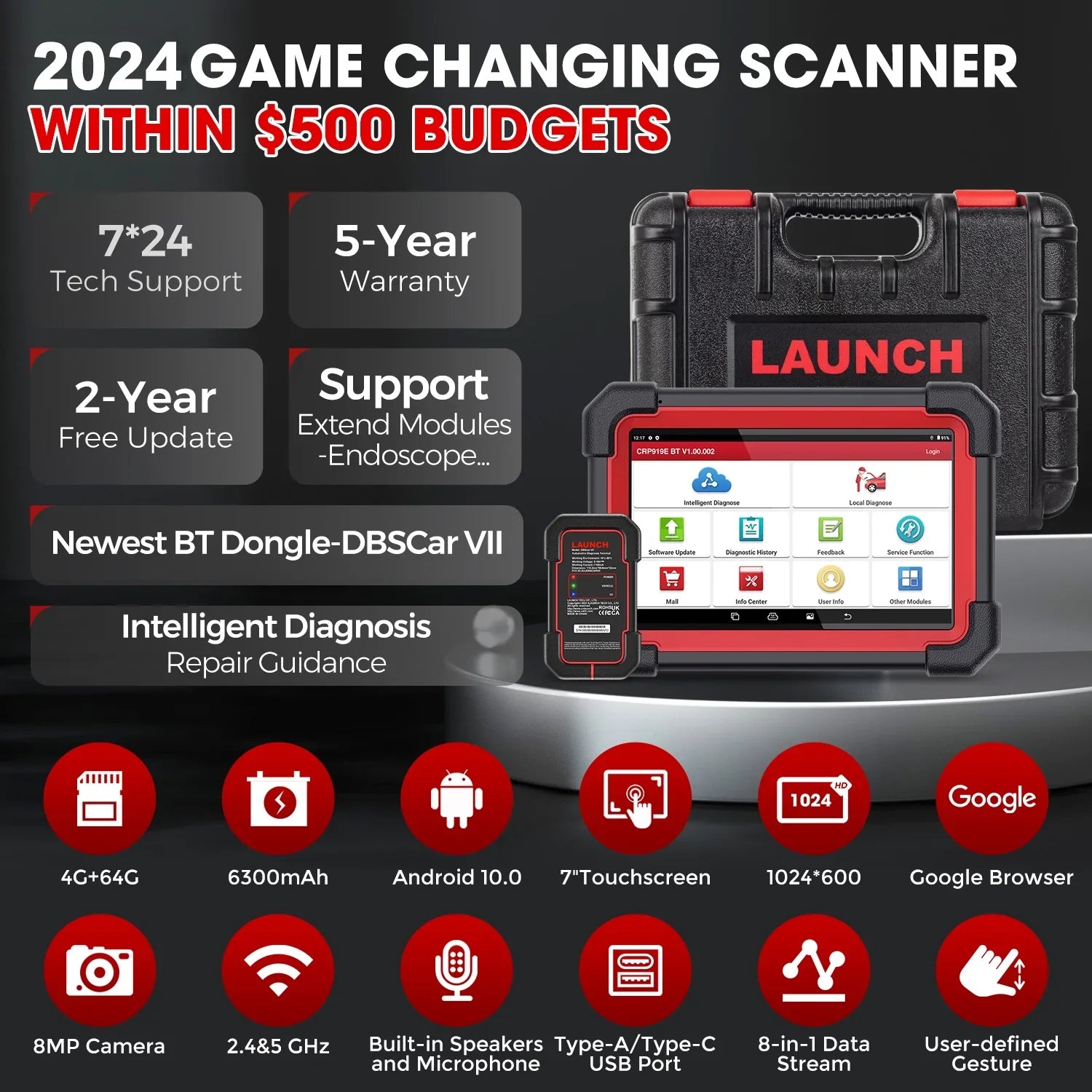 LAUNCH X431 Scanner CRP 919E BT 2024 OBD2 Diagnostic Scan Tool with Full System for All Vehicles,ECU Coding,Bi-Directional Control,CANFD DOIP,FCA AutoAuth
