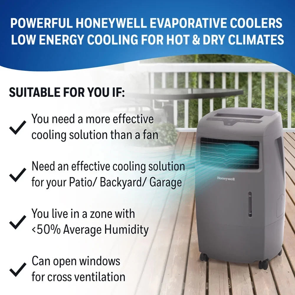 Honeywell 500-694CFM Indoor Outdoor Portable Evaporative Cooler with Fan & Humidifier, Ice Compartment & Remote Control, CO25AE, Gray