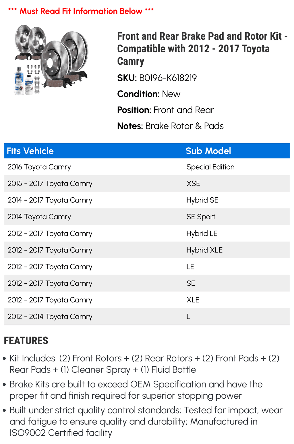 Front and Rear Brake Pad and Rotor Kit - matching with 2012 - 2017  Camry 2013 2014 2015 2016