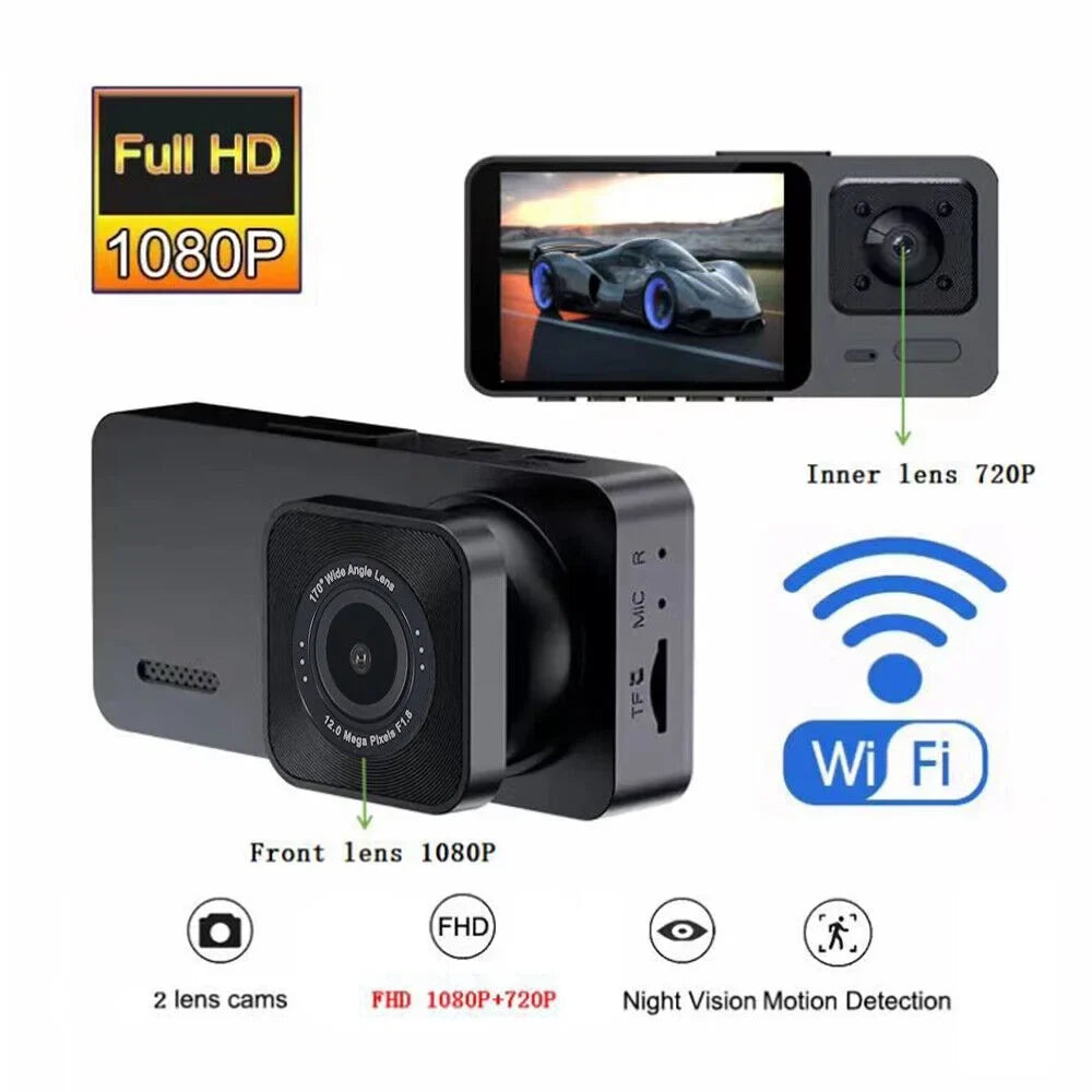 JLLOM 1080P 3 Lens HD Dual Lens Car Dash Cam Front/Rear/Inside Video Recorder Camera G-sensor