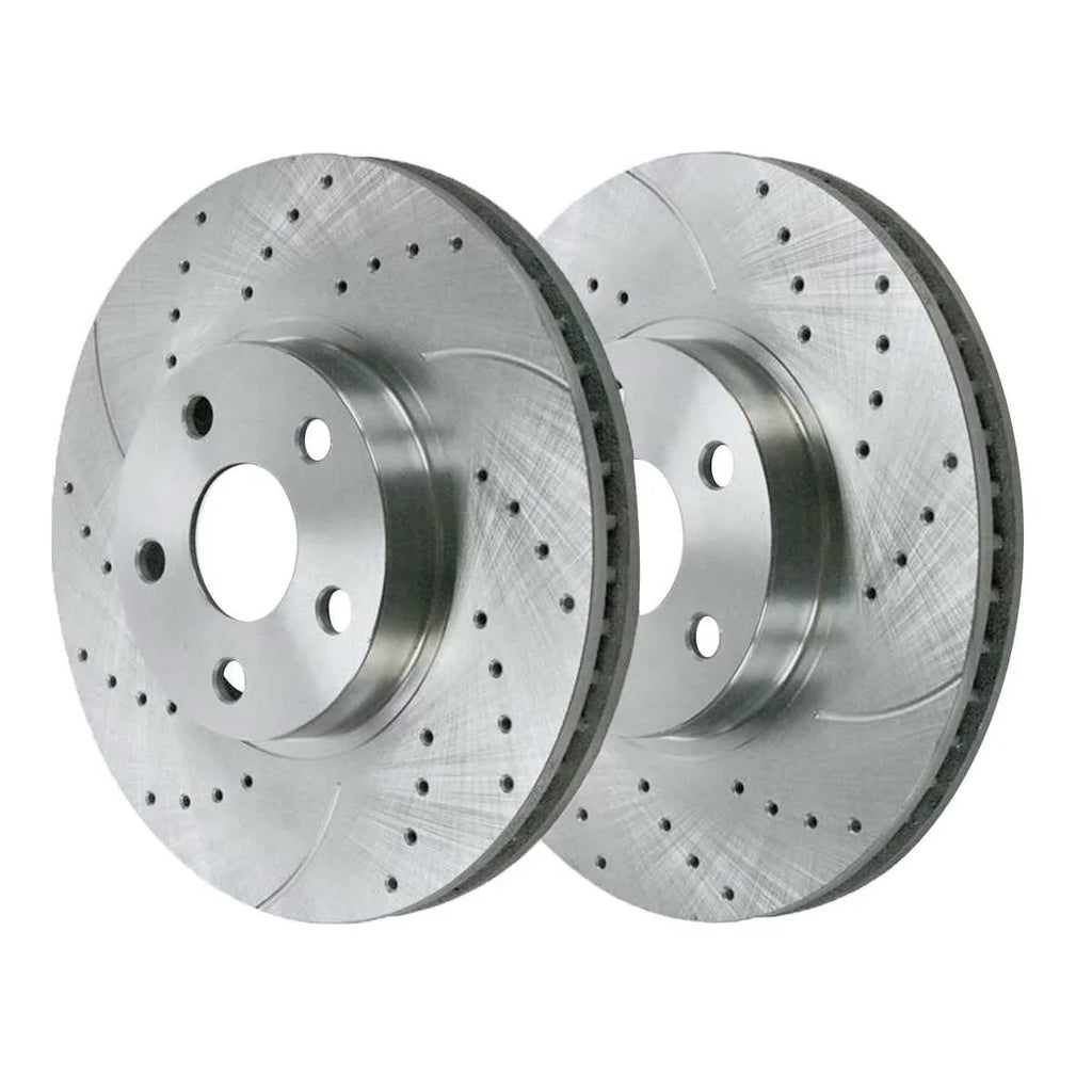 AutoShack Front Drilled Slotted Brake Rotors Silver and Ceramic Pads Kit Driver and Passenger Side Replacement for 2005-2009 2010 Scion tC 2000 2001 2002 2003 2004 2005  Celica 1.8L 2.4L FWD