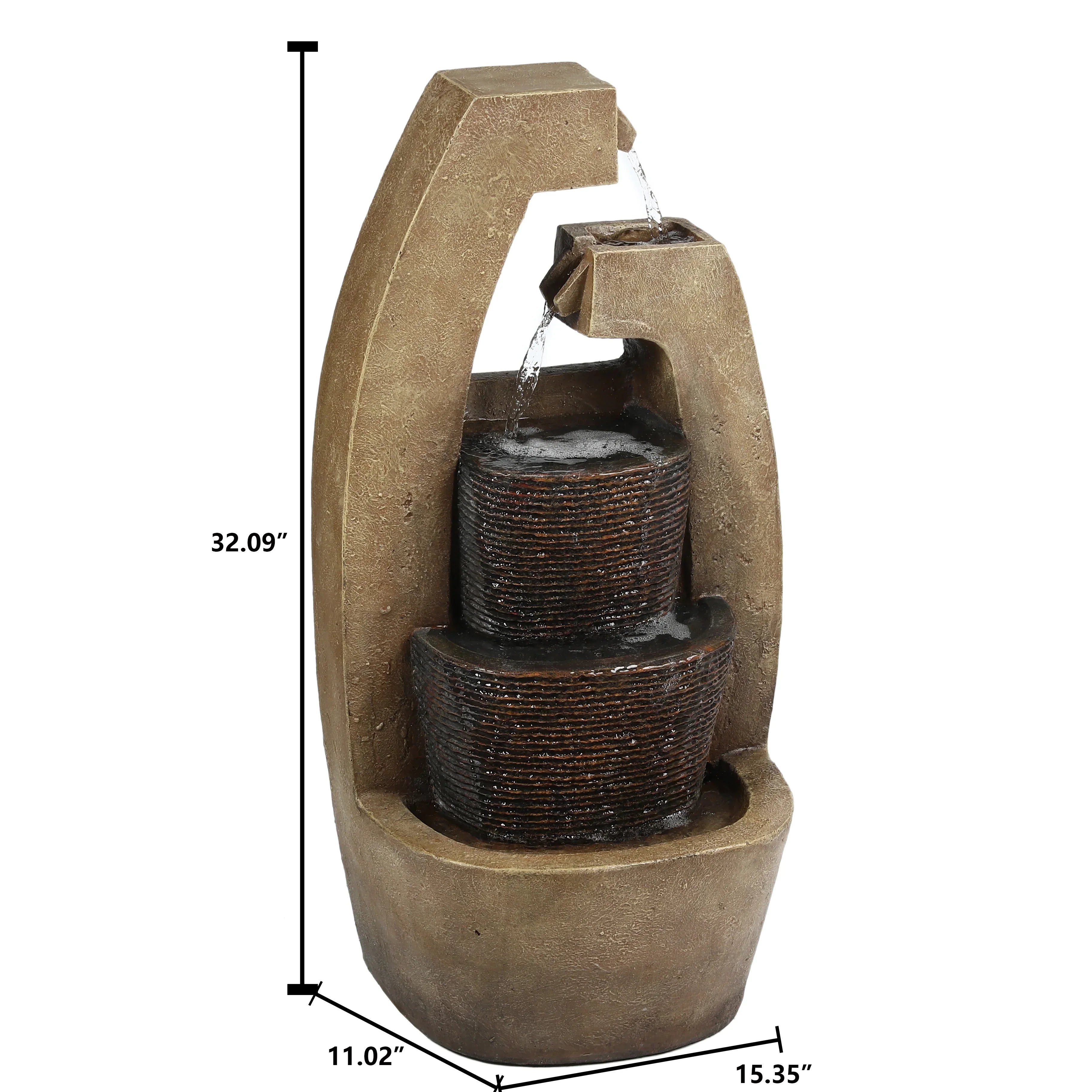 LuxenHome Brown Cement Modern Sculpture Outdoor Fountain with LED Light