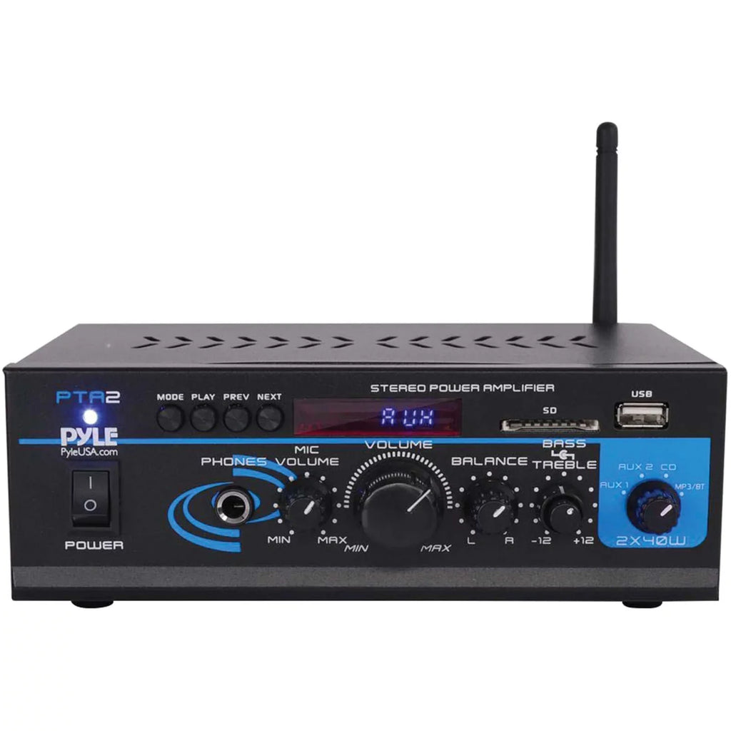 Pyle PTA2 2 x 40W Home Stereo Mini Bluetooth Power Amplifier with Remote Control