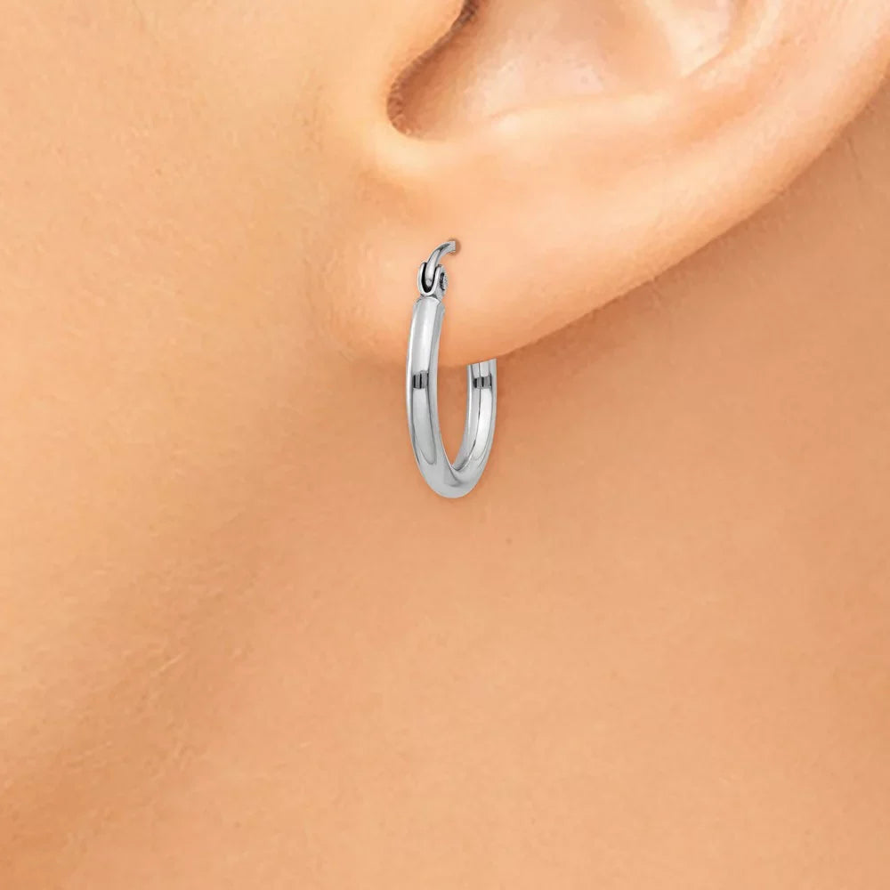 Real 14kt White Gold Polished 2mm Lightweight Tube Hoop Earrings; for Adults and Teens; for Women and Men