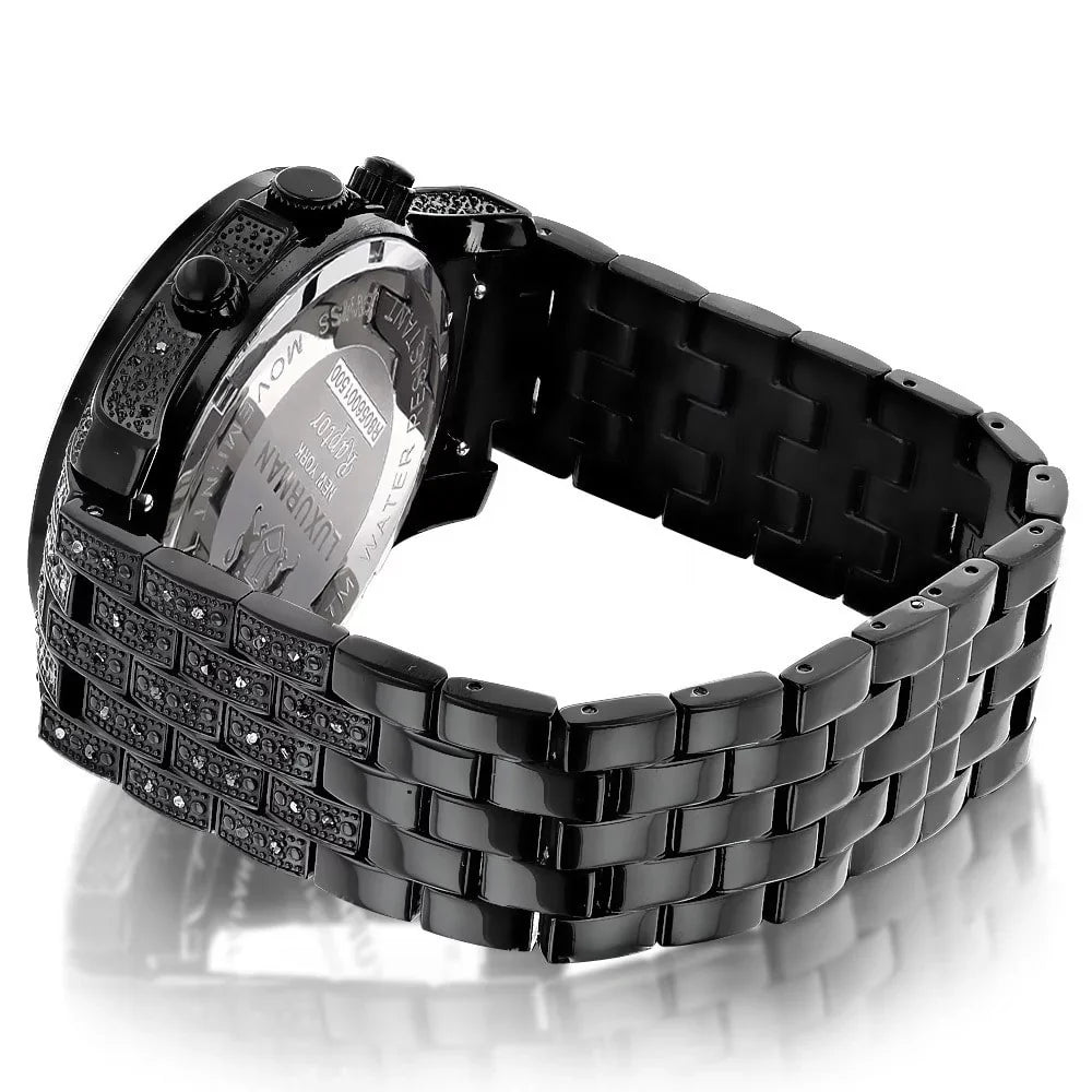 Men's Black Stainless Steel Diamond Accent Quartz Watch Metal Band plus Extra Leather Strap