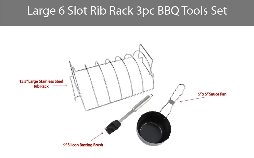 PitMaster King Large 6 Slot Stainless Steel Rib Rack, Sauce Pan and Basting Brush 3pc Combo Set