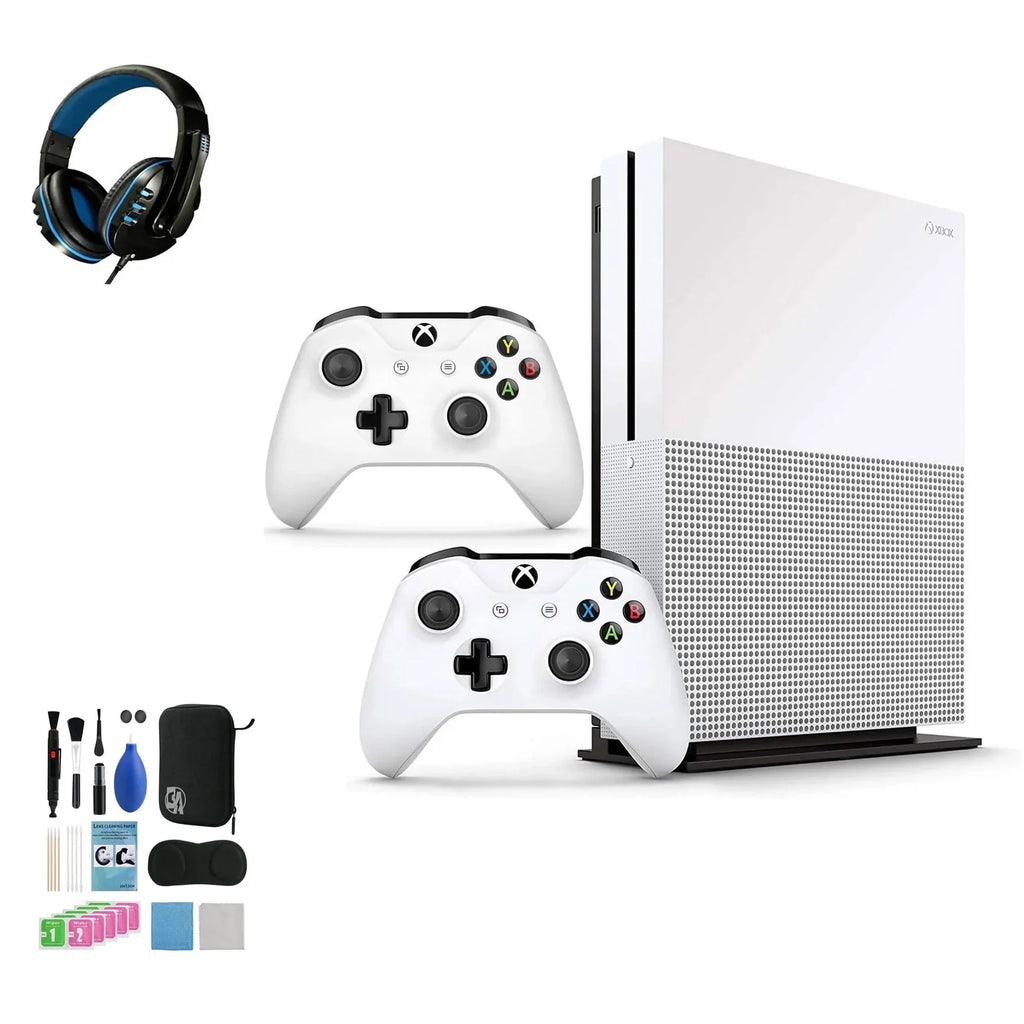 Pre-Owned  Xbox One S 1TB with 2 Controller, 4K Ultra HD White with BOLT AXTION Cleaning Kit Headset Bundle (Refurbished: Like New)