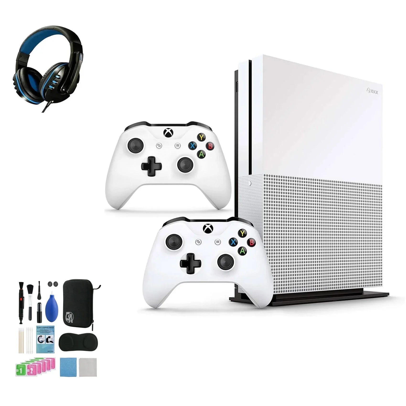 Pre-Owned  Xbox One S 1TB with 2 Controller, 4K Ultra HD White with BOLT AXTION Cleaning Kit Headset Bundle (Refurbished: Like New)