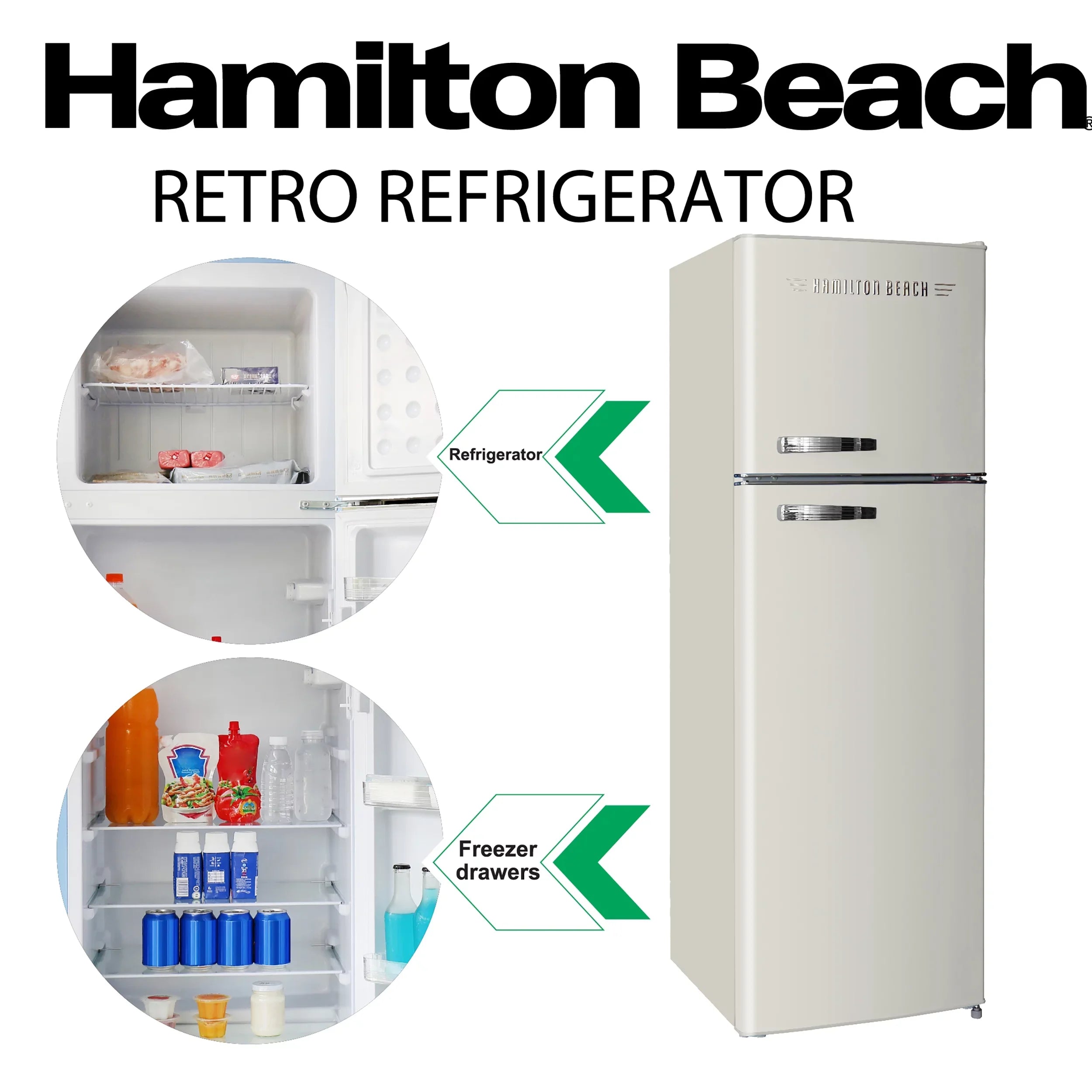 Hamilton Beach 10 Cu Ft Retro 2 Door Refrigerator, 5 Door Shelves, HCFC Free, Cream, HBF1050, Adjustable Thermostat Control