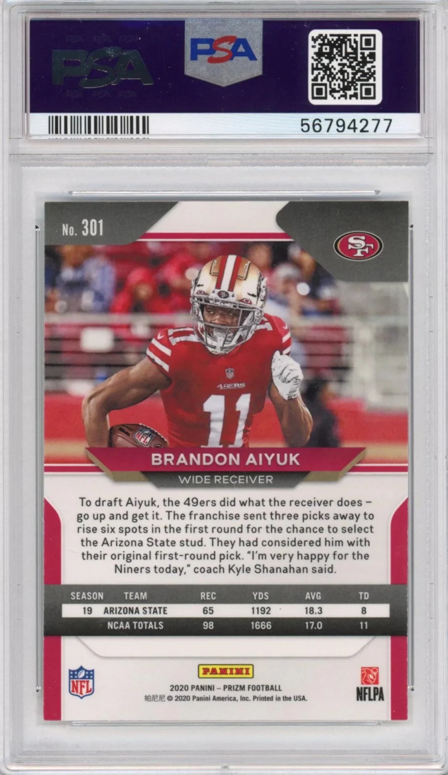 Graded 2020 Panini Prizm Brandon Aiyuk #301 Rookie RC Football Card PSA 10 Gem Mint