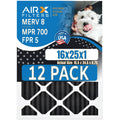 16x25x1 Air Filter MERV 8 Rating, 12 Pack of Furnace Filters Comparable to MPR 700, FPR 5, Pet Odor Retention Filters - Made in USA by AIRX FILTERS WICKED CLEAN AIR.
