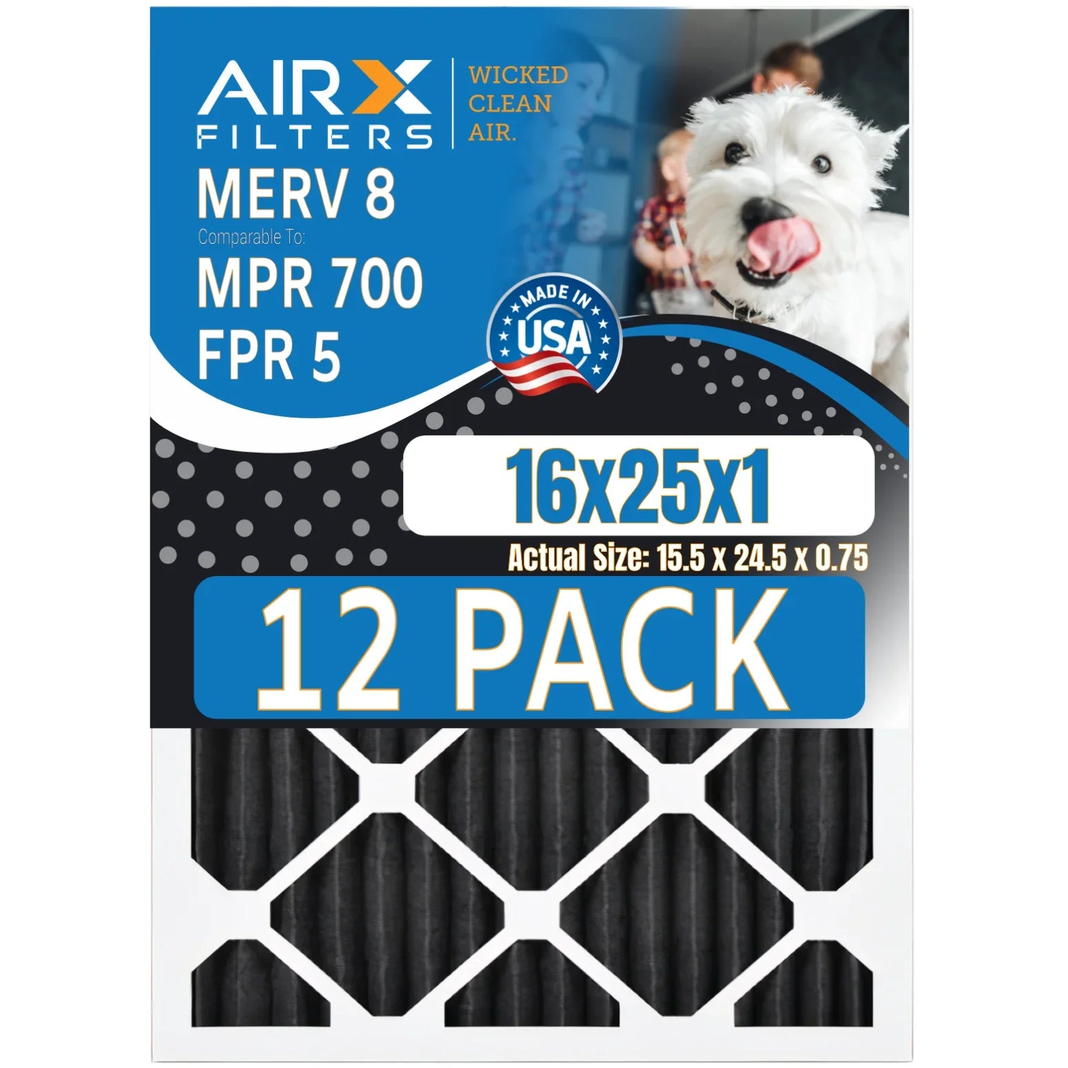 16x25x1 Air Filter MERV 8 Rating, 12 Pack of Furnace Filters Comparable to MPR 700, FPR 5, Pet Odor Retention Filters - Made in USA by AIRX FILTERS WICKED CLEAN AIR.