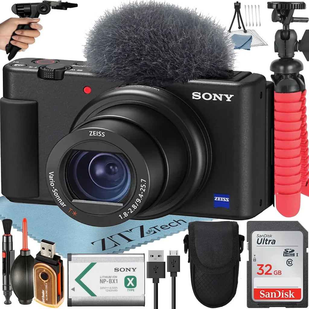 ZV-1F Vlogging Camera (Black) with SanDisk 32GB Memory Card + Tripod + ZeeTech Accessory Bundle
