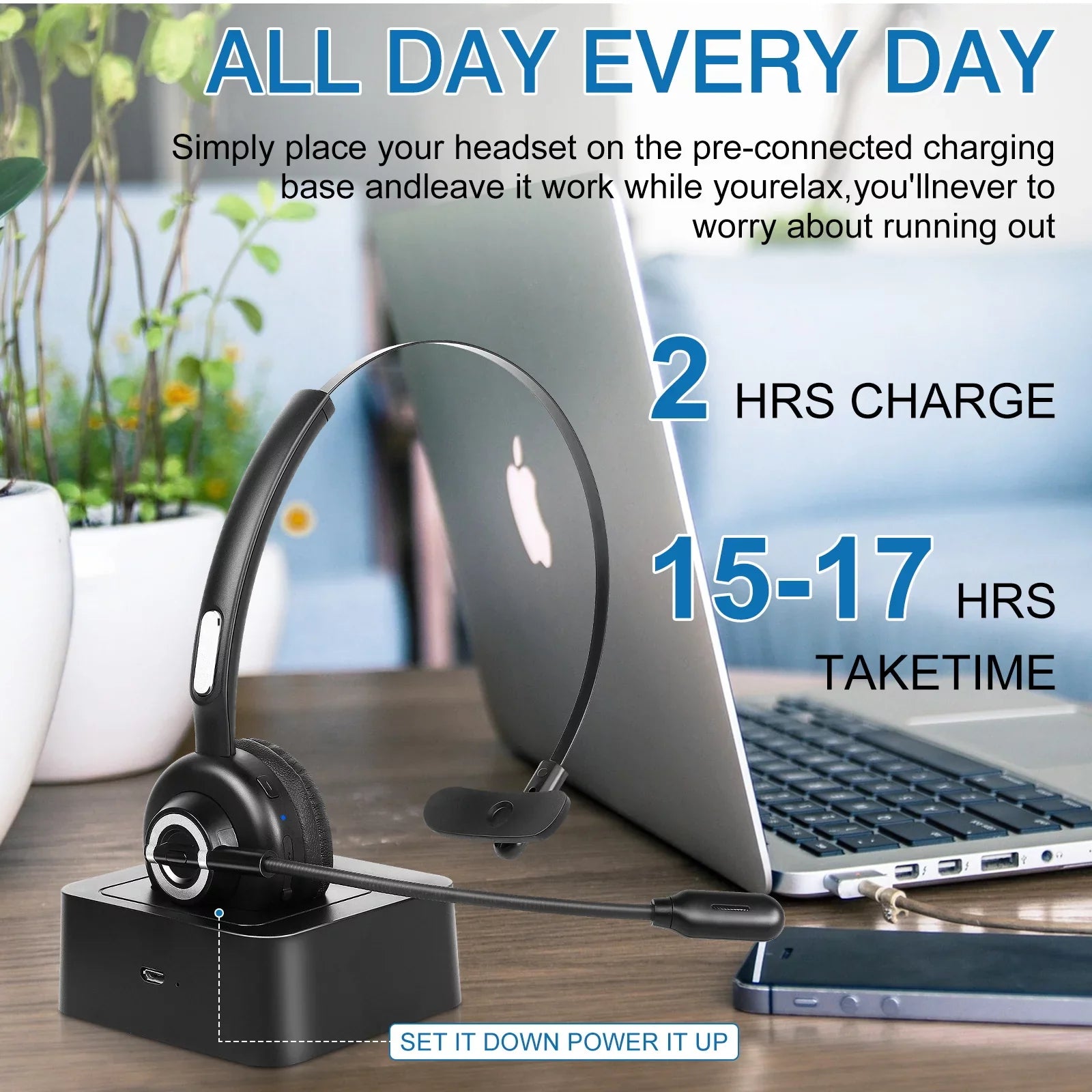 Comfortable Bluetooth Headset, UX-M97 Wireless Headset with Microphone, Wireless Cell Phone Headset with Noise Isolation Mic Charging Base Mute Function for  Z5 With Charging Dock