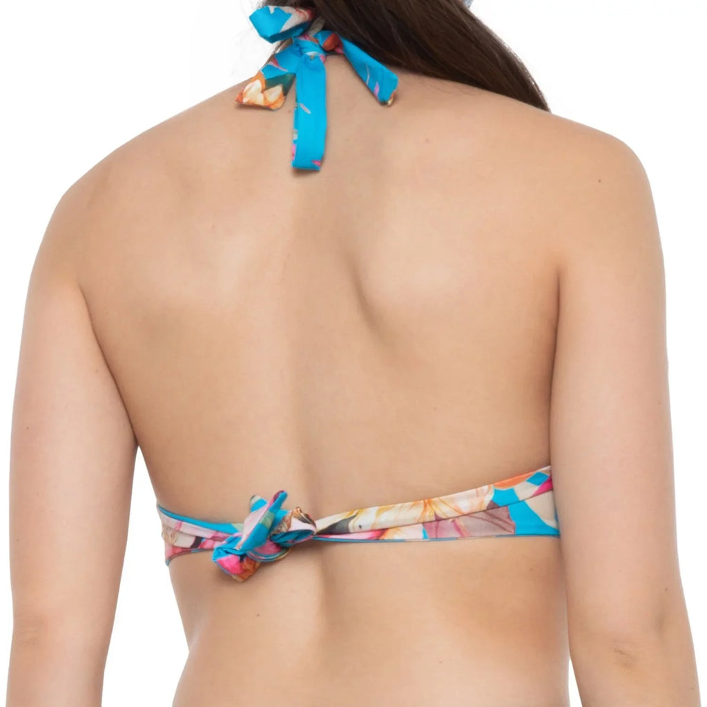 LA BLANCA Women's Blue Tropical Print Shirring Tie Sweetheart Molded Cup Halter Swimsuit Top 12