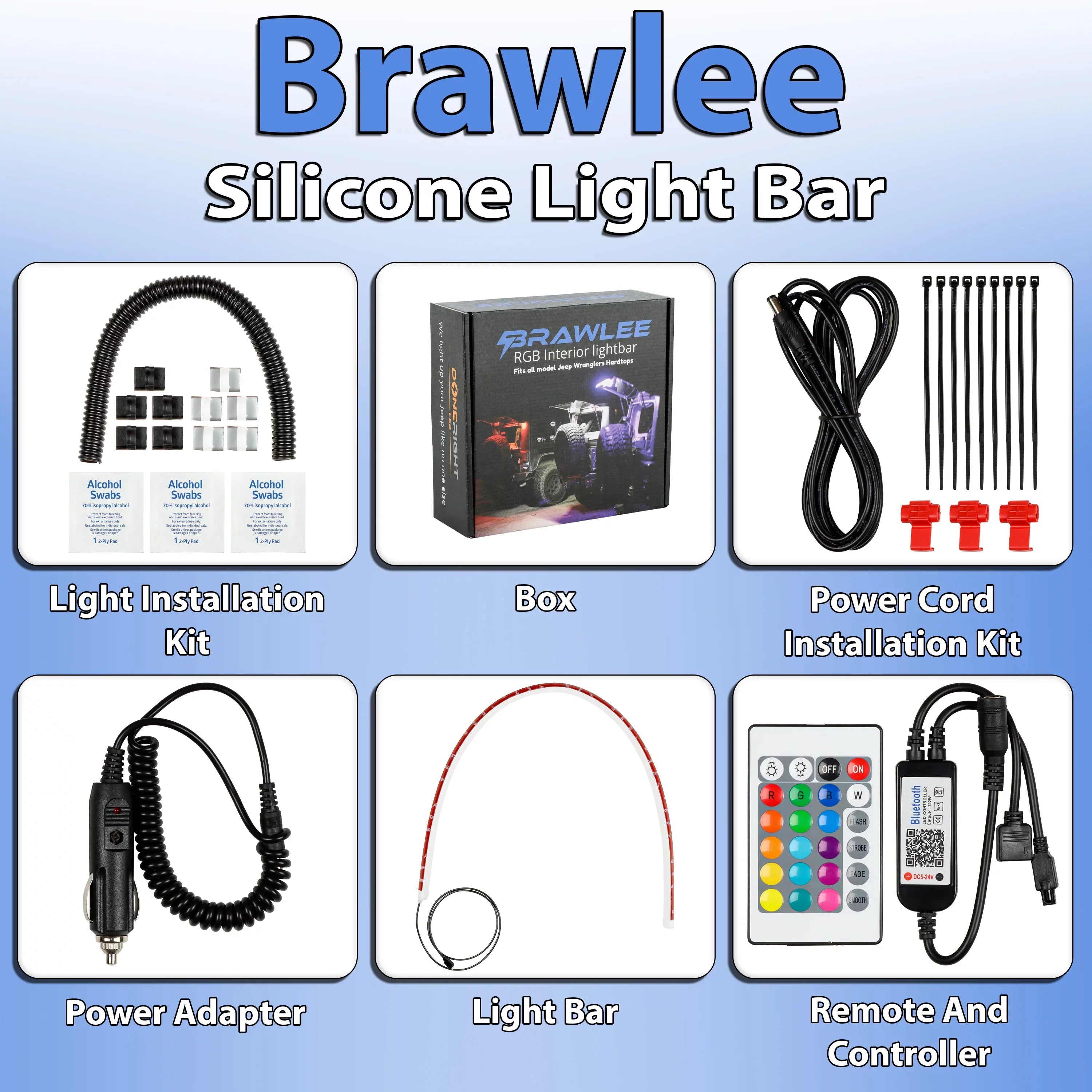 Fits All Jeep Wranglers Hardtop Models  of CJ, TJ, LJ, JK, JKU, JL,JLU  from 1987 -2023.. Brawlee Silicone RGB Interior Bluetooth Light Bar with Remote By Done Right LED