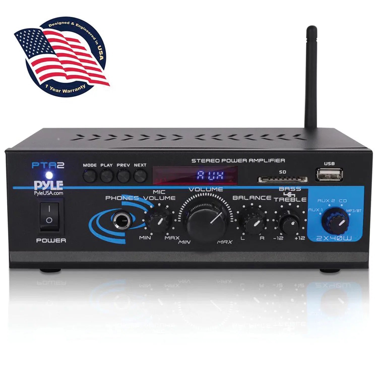 Pyle PTA2 2 x 40W Home Stereo Mini Bluetooth Power Amplifier with Remote Control