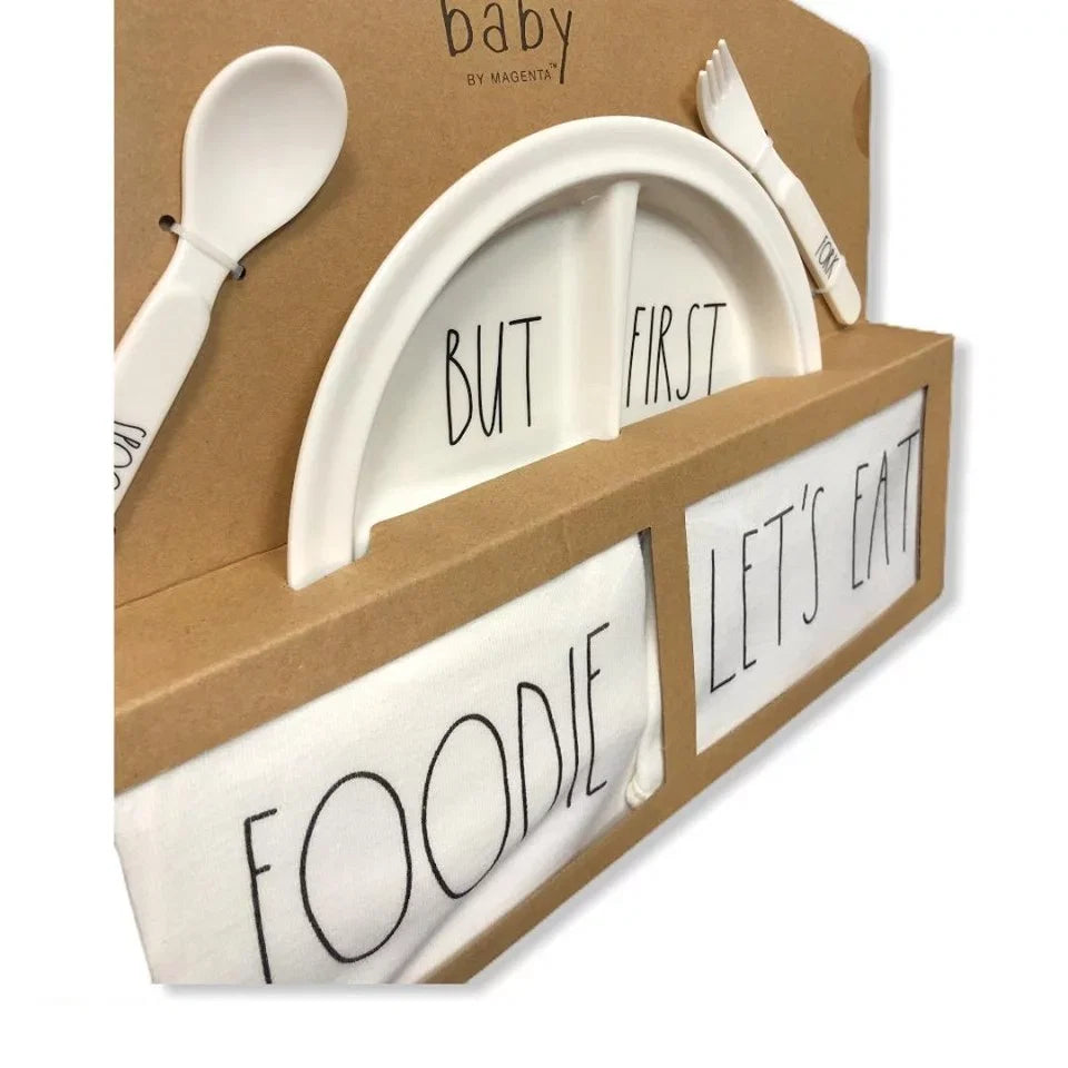 Rae Dunn Baby 5 Piece Gift Set: Plate Bib Bodysuit Utensils (0-3 Months) Foodie