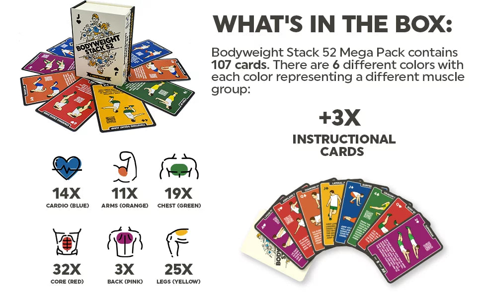 (Bodyweight Mega Pack). Burn Fat Build Muscle. No Equipment Needed. Video Instructions Included. Designed by a Military Fitness Expert. Stack 52 Bodyweight Exercise Cards: Workout Playing Card Game