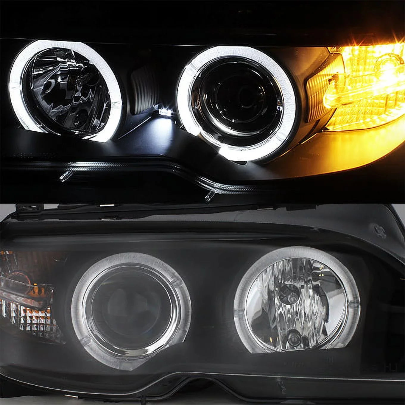 AKKON - For  E46 3-Series 2 Doors Coupe Black Halo Ring LED Projector Replacement Headlights LH + RH Lamps