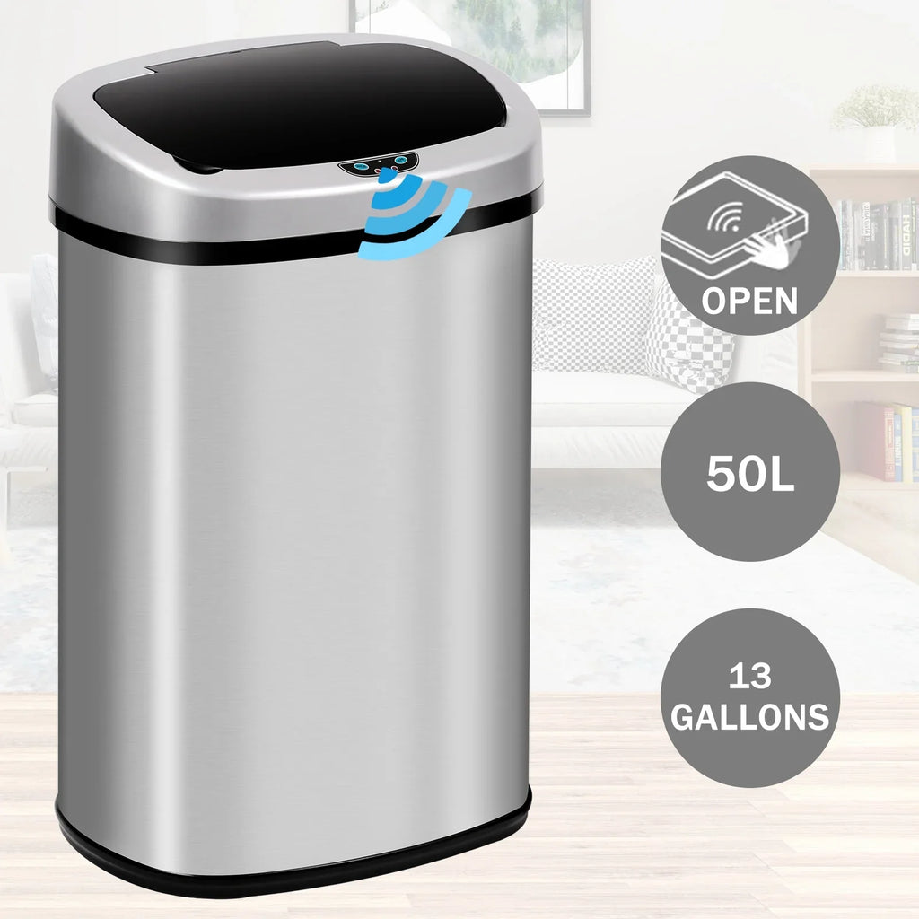 NiamVelo Kitchen Trash Can with Lid, 13 Gallon Automatic Stainless Steel Garbage Can with Touch-Free & Motion Sensor, Anti-Fingerprint Mute Designed Waste Bin for Office Home, Silver