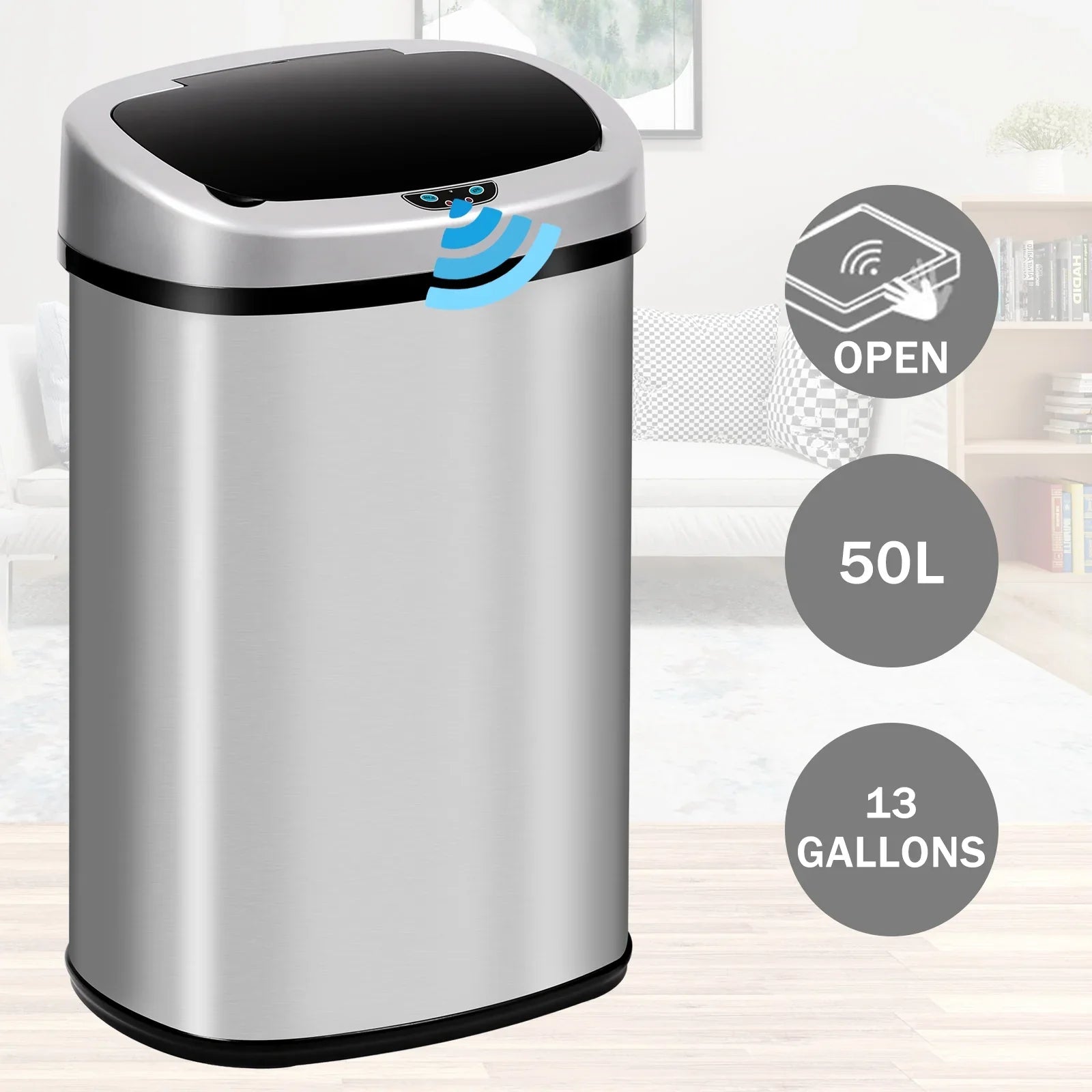 NiamVelo Kitchen Trash Can with Lid, 13 Gallon Automatic Stainless Steel Garbage Can with Touch-Free & Motion Sensor, Anti-Fingerprint Mute Designed Waste Bin for Office Home, Silver