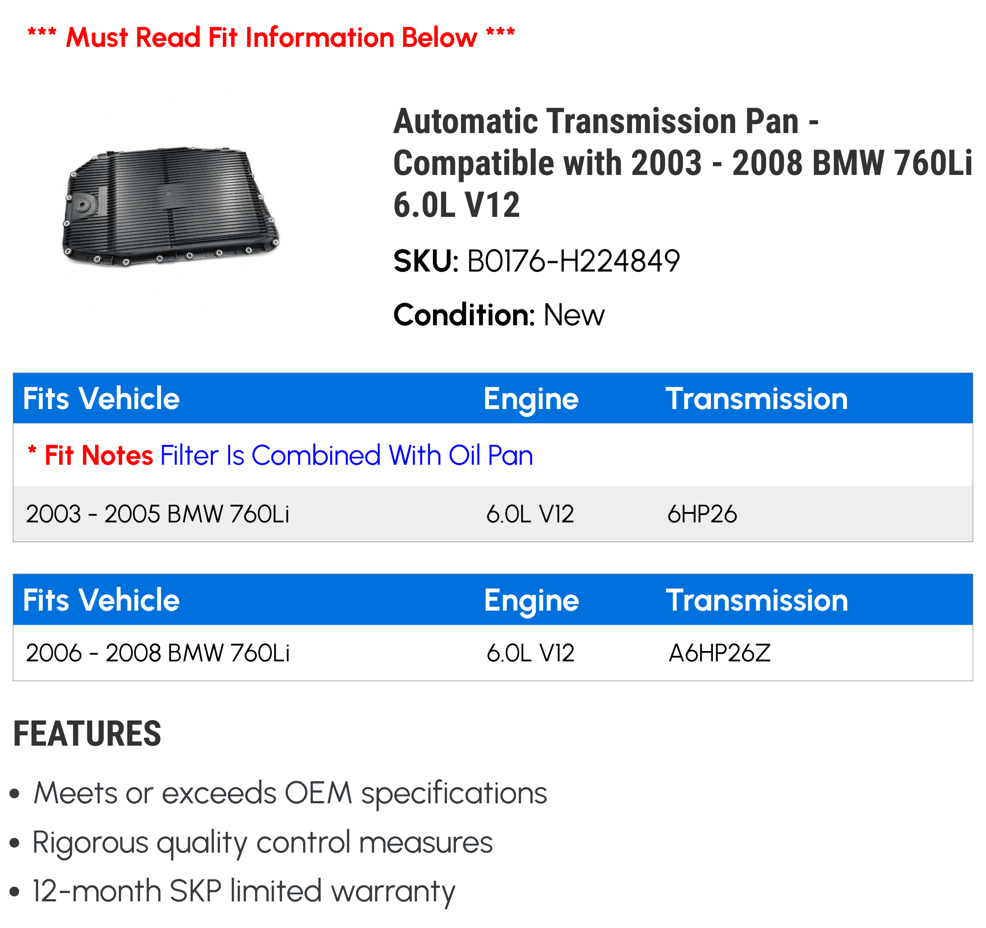 Automatic Transmission Pan - matching with 2003 - 2008  760Li 6.0L V12 2004 2005 2006 2007