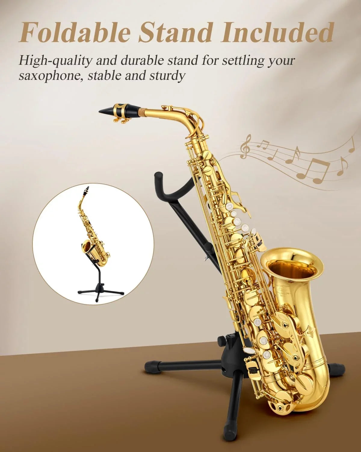 Eastar Alto Saxophone with Stand E Flat Gold Lacquer Student Beginner Sax Full Kit School Band Orchestra Instruments AS-II