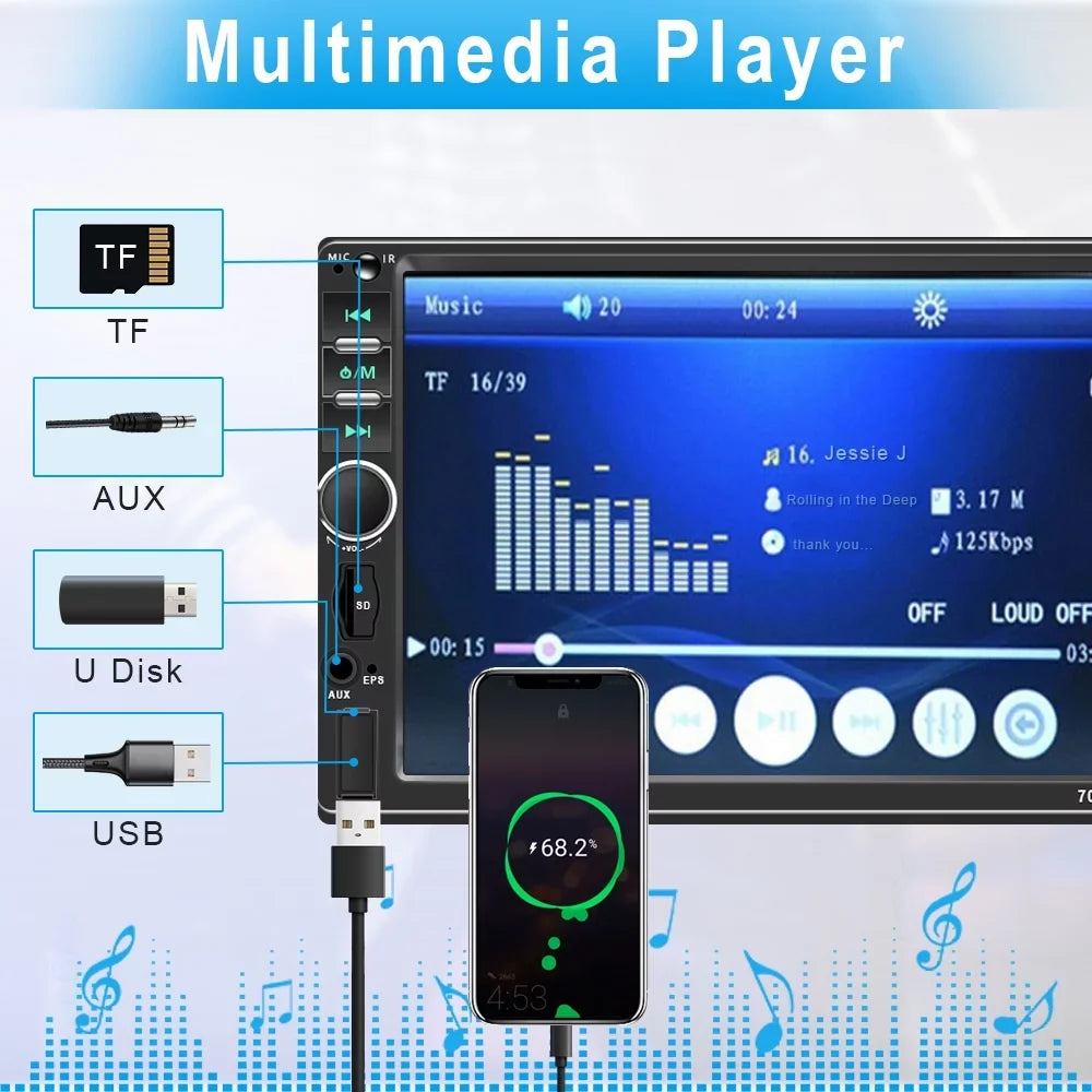 Podofo 7" Double 2 Din Car Stereo Radio HD Touch Screen Car Multimedia Player Digital Display MP5 Autoradio Bluetooth FM AUX USB SD Mirror Link Function, with Backup Camera