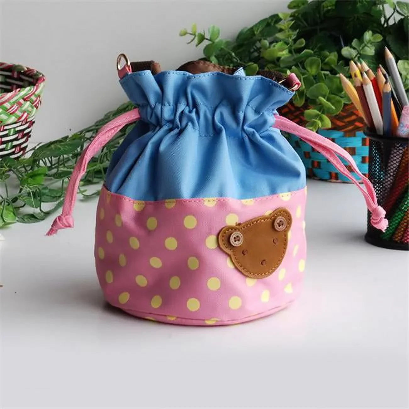 Bear-Pink  Blancho Applique Kids Fabric Art Bucket Bag  Bento Lunch Box & Shopper Bag  Orange. 5.7 x 6.3 x 7.8 in