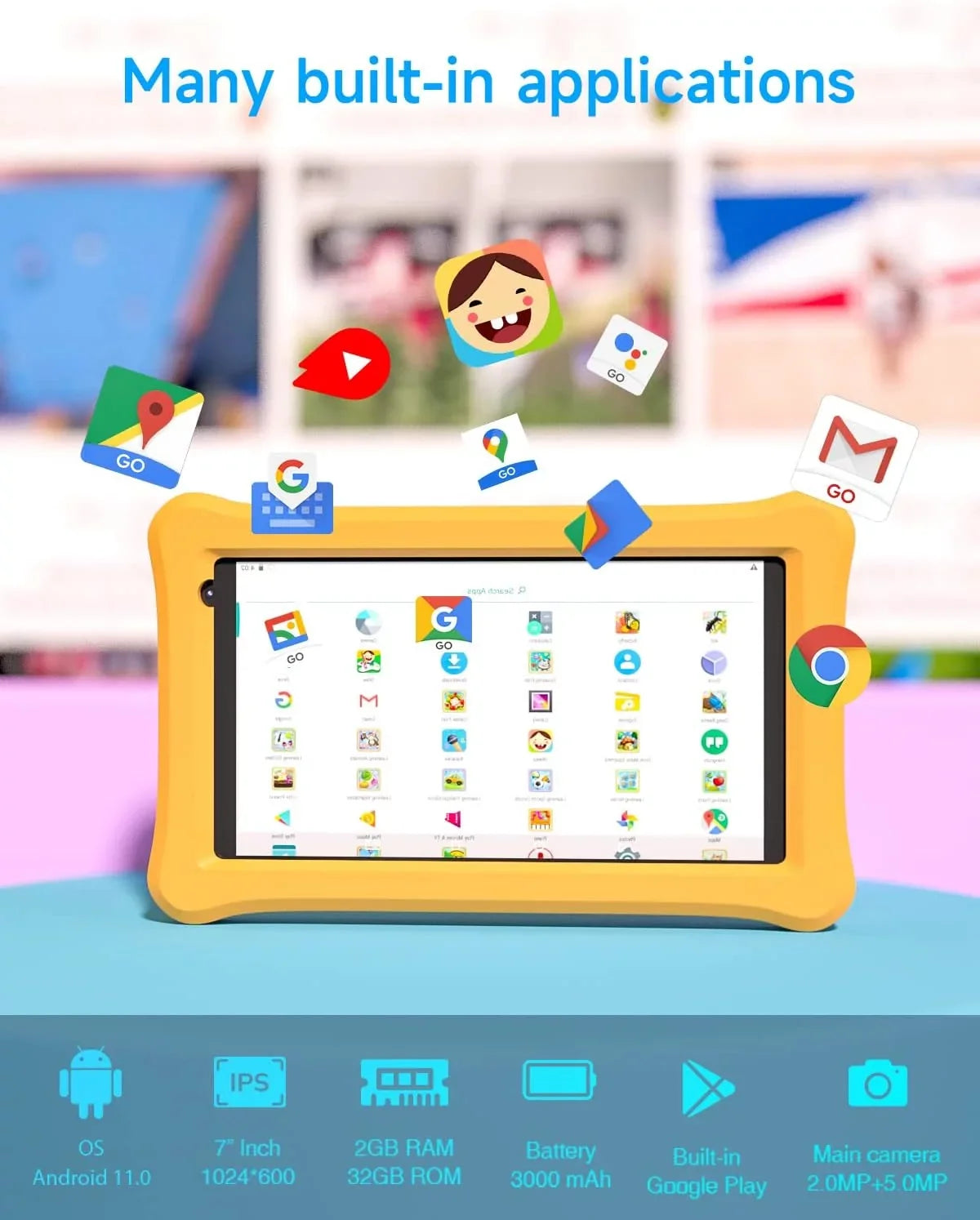Kids Tablet 7 inch Android 11 Tablet for Kids, 2GB RAM 32GB ROM Learning Tablet with Case, Bluetooth, WiFi, Dual Camera Toddler Tablet with Shockproof Case