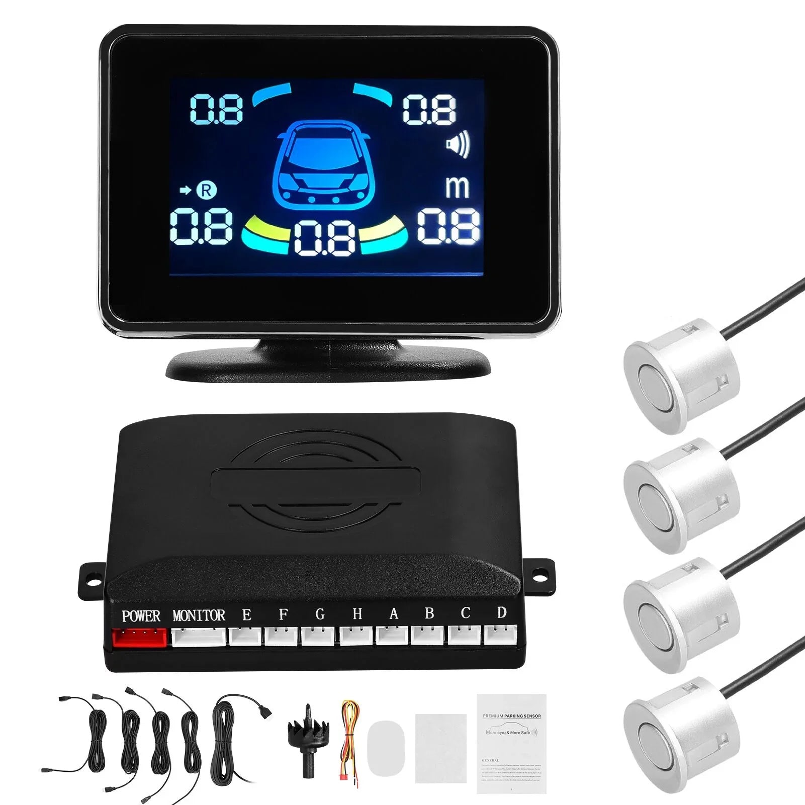 Walmeck Car Parking Sensor Reversing Radars System Front & Rear Support Sound Warning/Buzzer/Mute with 4 Parking Sensors Distance Detection LCD Distance Display Adjustable