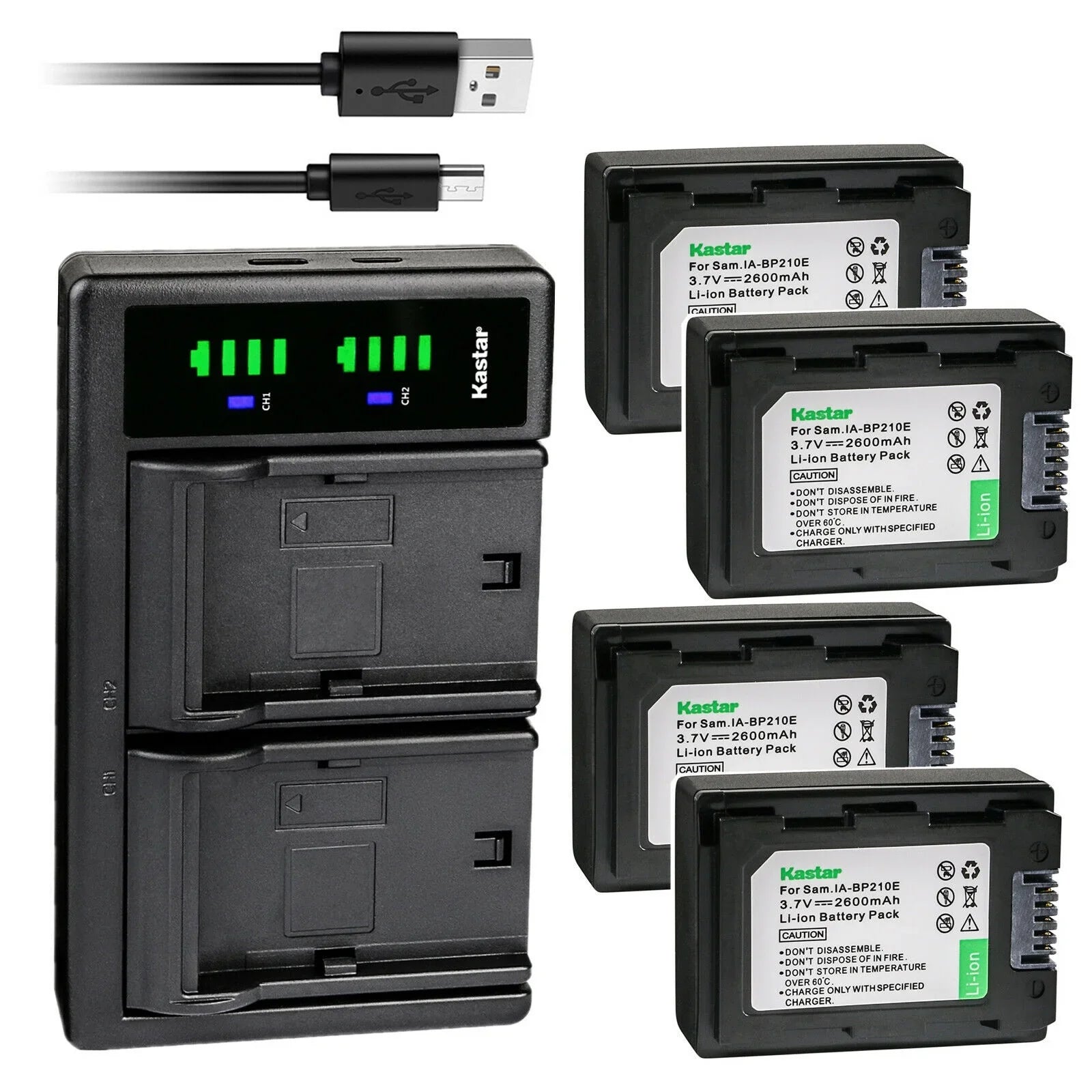 Kastar 4-Pack IA-BP210E Battery and LTD2 USB Charger Replacement for  HMX-F900, HMX-F910, HMX-F920, HMX-H200, HMX-H200BP, HMX-H203, HMX-H203BN, HMX-H204, HMX-H204BN, HMX-H205, HMX-H205BN