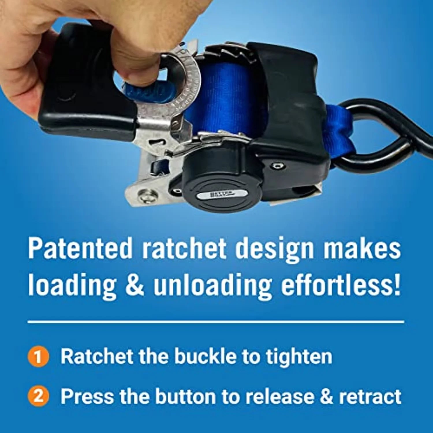 2x43 Blue Stainless Retractable Ratchet Straps - Heavy Duty Set with Mounting Brackets & Bolts - Self-Retracting Buckle for Cargo