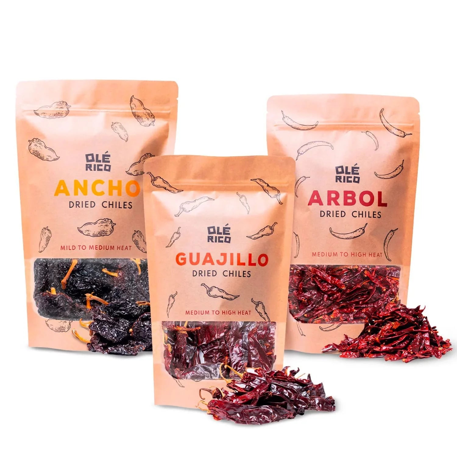 OLÉ RICO - Dried Chile Peppers 3 Pack Bundle (12 oz Total) - Ancho Chiles, Guajillo Chiles and Arbol Chiles - The Spicy Trio - outstanding For Mexican Recipes - Packaged In Resealable Bags