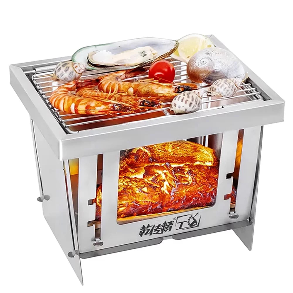 MABOTO Outdoor Stainless Steel Grill Portable Wood Burning Camping Folding BBQ Grill Windproof Camping Picnic Tool For Home Park Use