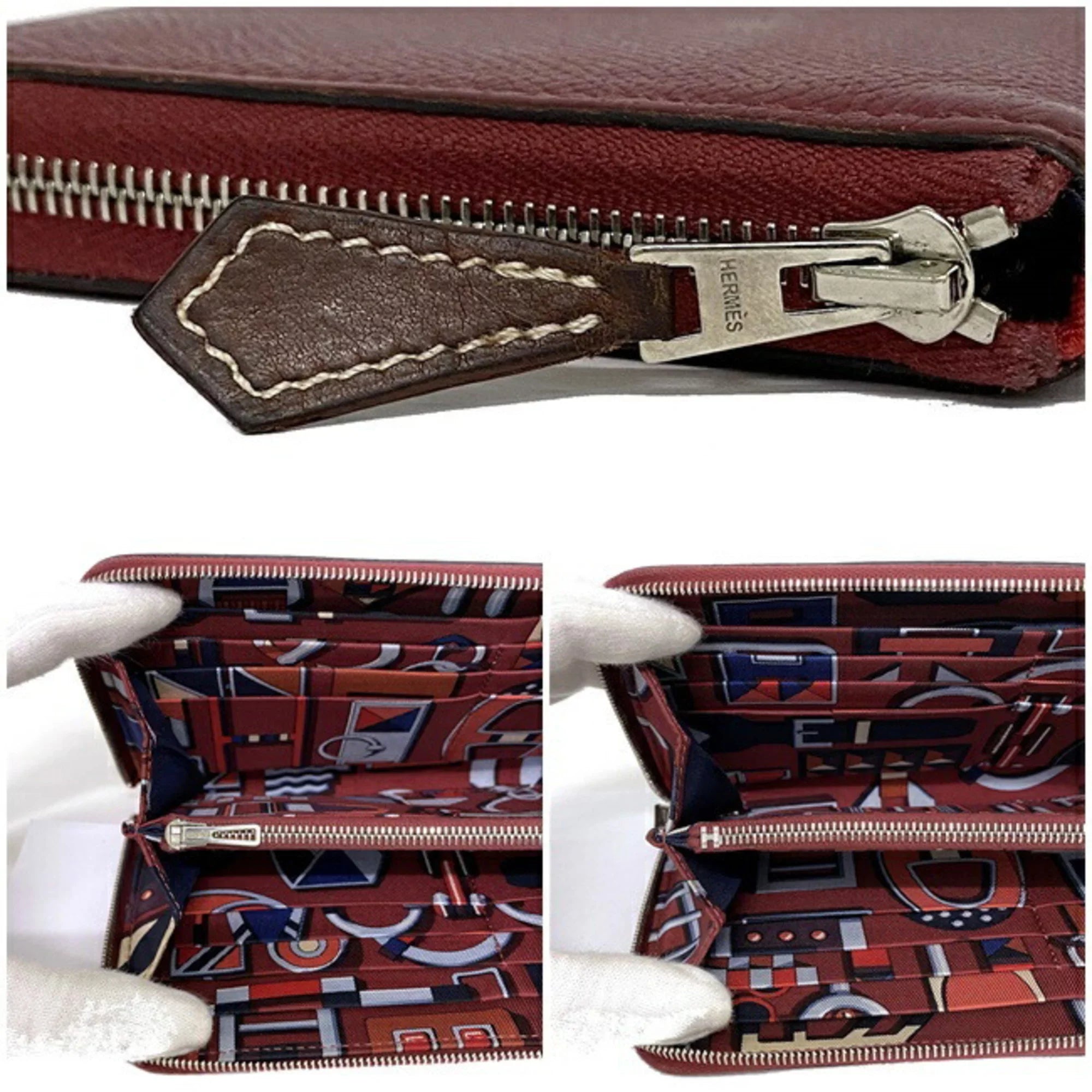 Pre-Owned Hermes Long Wallet Azap Bordeaux Rouge Glenat Silk In Leather Epson HERMES Round Ladies (Good)