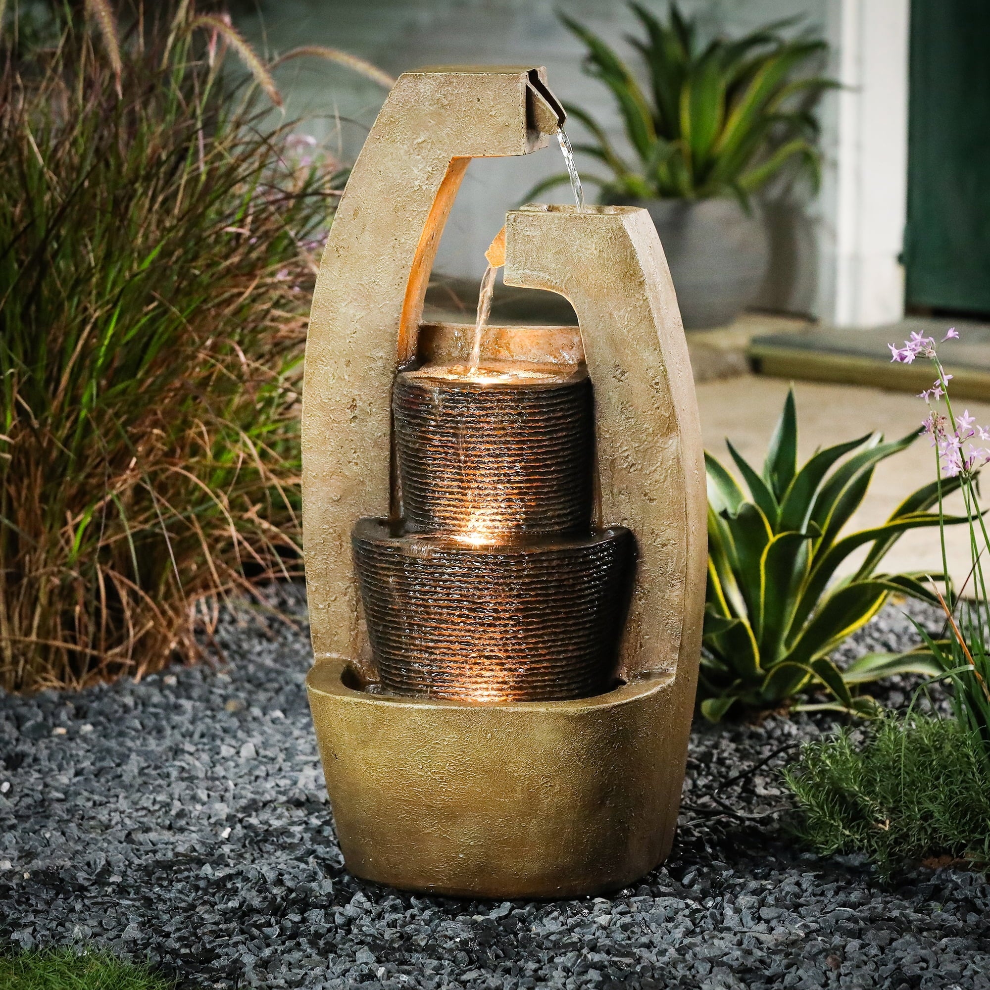 LuxenHome Brown Cement Modern Sculpture Outdoor Fountain with LED Light